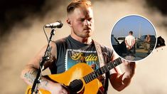 a man holding a guitar in front of a microphone and an image of him playing the guitar