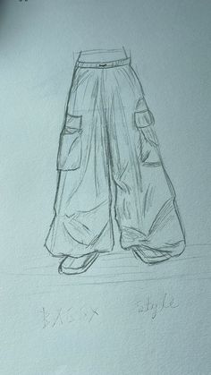 a drawing of a pair of pants with pockets on the front and side, in pencil