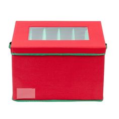 a red box with four compartments on the inside and one in the middle, sitting against a white background