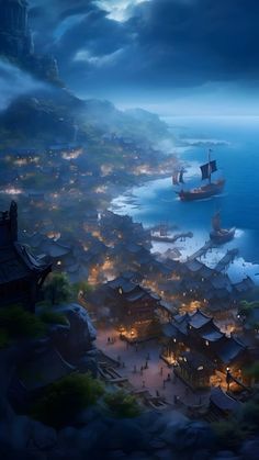 an animated city by the water at night with boats on it's shore and foggy sky