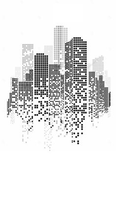 an abstract black and white cityscape with lots of dots in the middle of it