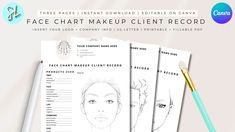 three face chart makeup client records with a pen and pencil on top of the sheet