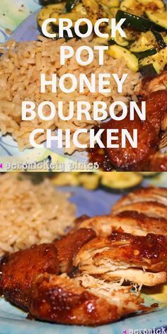 crock pot honey bourbon chicken on a plate with rice and zucchini