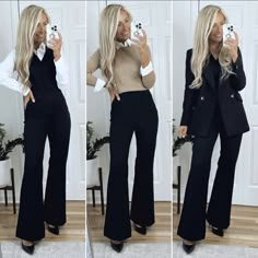 Business Power Outfits, Business Casual For Trade Show, Flare Pant Work Outfit, Flare Business Pants Outfit, How To Style Business Pants, Professional Boots For Work, Business Casual Outfits Flare Pants, Jumpsuit Office Outfit, Flared Work Pants Outfit