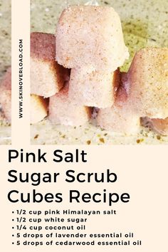 First, put the white sugar and pink Himalayan salt into a bowl. Next, add the coconut and essential oils to the same bowl. Then mix with a fork until both ingredients are well-combined. Next, scoop the salt sugar scrub and fill the ice tray with a spoon. Remember to use the back of the spoon to smoothen the top of the scrub cubes. Salt Scrub Recipe Essential Oils, Himalayan Salt Scrub Diy Recipe, Salt Scrub Cubes Diy, Body Scrub Cubes, Diy Sugar Scrub Cubes, Easy Diy Body Scrub, Sugar Cubes Diy, Pink Salt Scrub, Salt Scrubs With Essential Oils Easy Diy