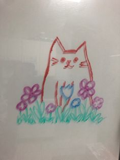 a drawing of a cat sitting in the grass with flowers on it's side