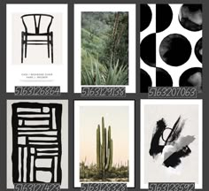 six different black and white photos with cactuses, cacti, and chairs