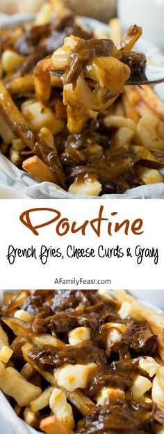 a close up of food in a bowl on top of a table with the words poutine gravy