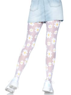 The ultra-cute Daisy nylon pattern tights by Leg Avenue bring spring time vibes all year long. Soft sheer pantyhose with woven daisy detail and opaque top for a hosiery look that pairs perfectly with shorts, skirts, and rave outfits. Package includes: 1 PC High quality hosiery fabric for long lasting wear Ultra soft and comfortable Reinforced toe for comfortable wear Pair with shorts or skirts Perfect fit technology Transition effortlessly from day to night looks with these pattern tights Hand w White Spandex, Irregular Choice Shoes, White Tights, Elegant Moments, Patterned Tights, Leg Avenue, Sheer Tights, Woman Weaving, Womens Tights