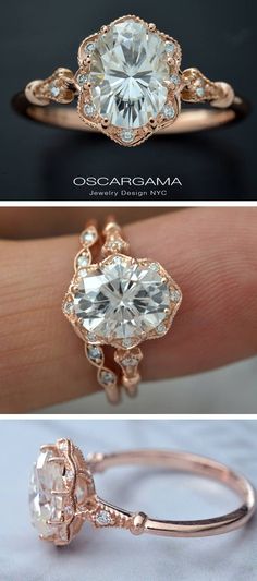 three different views of an engagement ring with diamonds on the side and in the middle