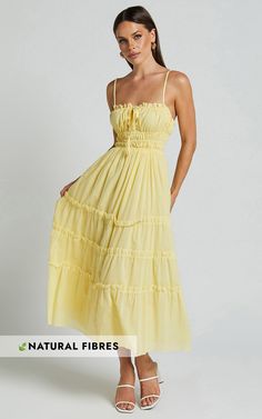 Schiffer Midi Dress - Strappy Ruched Tie Front Tiered Dress in Yellow Beach Midi Dresses Summer, Portugal Dress, Skin Color Dresses, Rehearsal Dinner Outfits, Shower Dress, Tiered Dresses, Voile Fabric, Grad Dresses, Straight Neckline