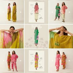 several pictures of different types of women's clothing, including one in pink and green