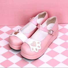 Women Bowknot Platform Wedge Heels Sweet Paw pattern Lolita Sandals Shoes Plus Pink Kawaii Closed Toe Heels, Pink Kawaii Heels, Kawaii Platform Heels With Round Toe, Cute Low Heel Platform Heels, Cute Platform Sandals With Round Toe, Cute Round Toe Platform Sandals, Cute Pink Platform Heels, Cute Synthetic Heels, Pink Kawaii Heels For Party