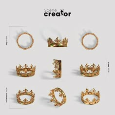 some gold crowns and rings are shown in this graphic art work, with the text'create it creator'above them