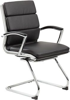 an office chair with black leather upholstered seat and chrome frame base, viewed from the front