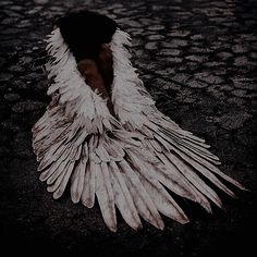 a woman with white feathers on her head sitting in the middle of an empty street