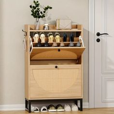 a wooden shoe rack filled with lots of shoes