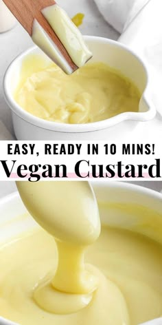 a spoon full of mayonnaise with the words easy, ready in 10 mins vegan custard