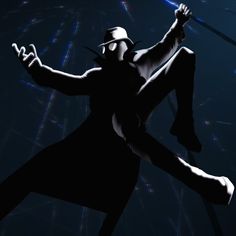 the silhouette of a man in a hat and sunglasses is dancing with his arms outstretched