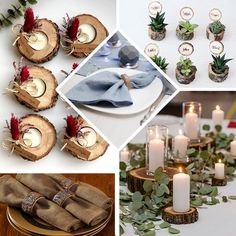 there are many different pictures with candles and place settings on the table, including napkins