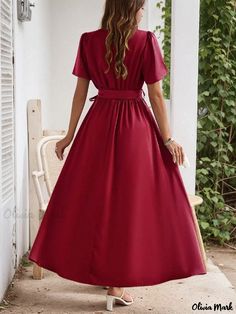 Olivia Mark - Sensual Burgundy Summer Dress with High Collar and Split Hemlines Vacation Wedding, Formal Shorts, Pink Wine, Short Sleeve Maxi Dresses, Weave Style, Fashion Color, Everyday Dresses, Dress Cuts, Maxi Dress With Sleeves