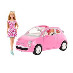 a barbie doll standing next to a pink car