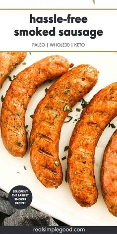 grilled sausages on a white plate with text overlay