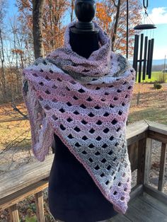 "Cascading Shawl is my own original design and published pattern and made into this lovely shawl in shades of pink, grey and cream with a little sparkle ✨ added in the yarn. This shawl is perfect for dressy or casual as well as a light wrap by itself or paired with other winter wear for added layers. A very versatile piece. It is a one of a kind and unique shawl for a special gift or for yourself! Shawl measures 54\" across top and 31\" from top to triangle tip." Unique Shawl, Pink Shawl Scarf, Pink One-size Winter Shawl, Pink Bohemian Shawl Scarves, One-size Multicolor Shawl, Luxury Semi-stitched Multicolor Pashmina Shawl, Shades Of Pink, Winter Wear, Shawls And Wraps