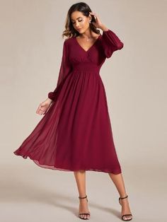 Step into any cocktail party or special event with confidence in this stunning Chiffon V-Neck Long Sleeves Elastic Band Midi Dress. The combination of the flowing chiffon fabric, v-neckline, and long sleeves exudes a classy and refined vibe. Complete your look with heels and accessories for a memorable appearance that will turn heads all night long. Burgundy Dresses For Wedding, Dresses For A Wedding Guest Summer, Solid V-neck Chiffon Dress, Chiffon V-neck Ruched Dress, Fitted Chiffon V-neck Dress For Formal Occasions, Elegant Flowy Chiffon V-neck Dress, Formal Ruched V-neck Midi Dress, Elegant Chiffon V-neck Dress For Wedding Guest, Elegant V-neck Chiffon Dress For Wedding Guest