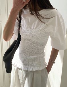 Terrycloth Outfit, Lesuire Wear Women, Ruched Outfit, Chic White Smocked Top, Spring Smocked White Top, Ruched Top Outfit, Smock Outfit, Small Clothing Brands, Chic White Smocked Mini Dress