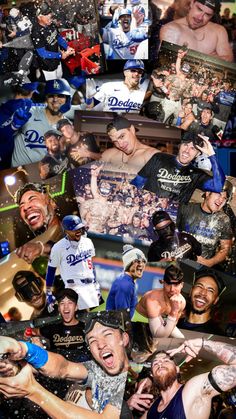 collage of baseball players and fans with their faces covered in confetti as they pose for the camera