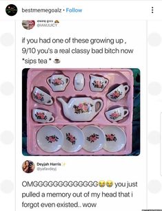 a pink tray with tea cups and saucers on it, next to two tweets