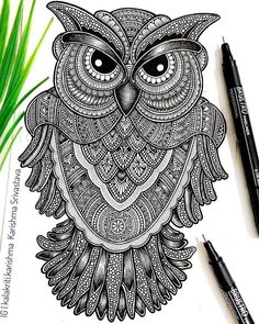 an owl is drawn in black and white with some markers on the table next to it