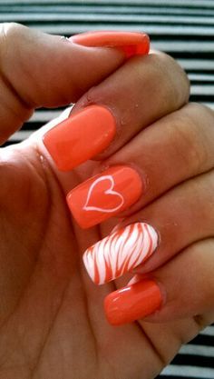 Fun Short Nails Summer, Hot Summer Nails 2024, Orange Heart Nails, Fun Spring Nails 2024, Bright Orange Nails With Design, Blue And Pink Nails, June Nails, Green And Lavender