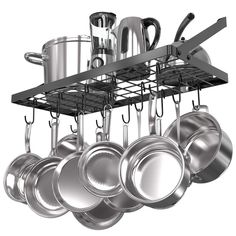 a rack with pots and pans hanging from it