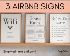 three framed signs on a shelf with the words 3 air bnb signs above them