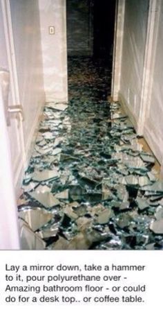 a hallway with broken glass on the floor