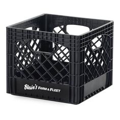 a black plastic crate with the label blaudt's farm and fleet