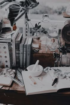 a table topped with lots of books next to a window filled with plants and other items