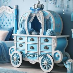 a blue and white princess carriage bed in a bedroom