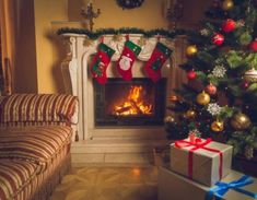 a living room with a christmas tree and presents in front of the fire place,