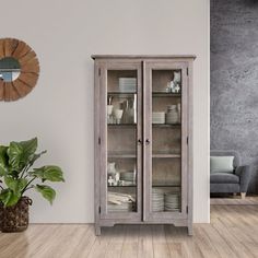 an empty room with a glass door cabinet next to a potted plant and a mirror on the wall