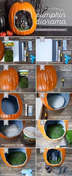 the instructions for how to make a pumpkin shaped planter with moss and fake grass