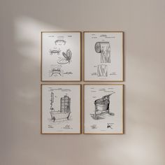 four framed pictures hanging on the wall above a toilet