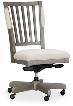 an office chair with wheels on the back and seat upholstered in white fabric