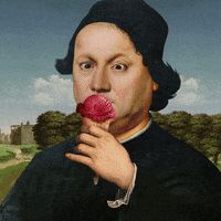 a painting of a man holding a rose in his mouth