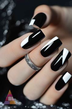 Classic Black and White: Achieve a timeless look with these elegant black and white nails. The perfect blend of simplicity and sophistication for any event. Visit NailHow.com for more nail ideas. 💅✨ #BlackAcrylicNails #ClassicNails Black White Nails Square, Black Nails One White, Simple Black Nail Ideas, Cool Black And White Nail Designs, Black And White Nails￼, Black Nails With White Design, Gel Polish Black And White, Black Nails Elegant, Black And White Square Nails