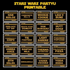 star wars party printables are shown in gold and black, with the names of each