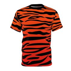 Orange & Black Bengal Tiger Stripes Animal Print Orange Fade Unisex Short Sleeve AOP T-Shirt Tee Top - 100% soft Polyester feels luxurious and drapes well - Side seams help hold the garment's shape and give it structural support - Ribbed knit collar with seam - Shoulder tape to stabilize the back of the garment and prevent stretching - Regular fit - Unisex sizing - Please see size chart in pictures before ordering - Runs big - Ladies please consider sizing down - All over print - Proudly printed Pre-shrunk Orange Crew Neck T-shirt, Orange Short Sleeve T-shirt With Sublimation Print, Sporty Orange Crew Neck Shirt, Sporty Short Sleeve T-shirt With All Over Print, Orange Sublimation Print T-shirt For Streetwear, Black Tiger Print Crew Neck Top, Tiger Print Crew Neck Graphic Tee, Orange Streetwear T-shirt With Sublimation Print, Black Crew Neck Top With Tiger Print