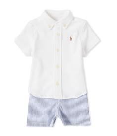 From Ralph Lauren, this two-piece set features:Woven shirt with button-down point collarShort sleeves Multicolored signature embroidered pony on the left side of the chestButtoned placketBox-pleated back yokeShorts with an elasticized back waistSignature embroidered ponyTwo front-angled pocketsBack right buttoned pocketBelt loopsSizes 3 to 6 months have a sewn flySizes 9 to 24 months have a zip fly with buttoned closure at the center frontIncludes silvertone D& Ralph Lauren Baby Boy Outfits, Ralph Lauren Baby Boy, Preppy Baby Boy Outfits, Preppy Toddler Boy Outfits, Preppy Toddler Boy, Boys Church Outfit, Preppy Toddler, Baby Boy Dress Clothes, Preppy Baby Boy